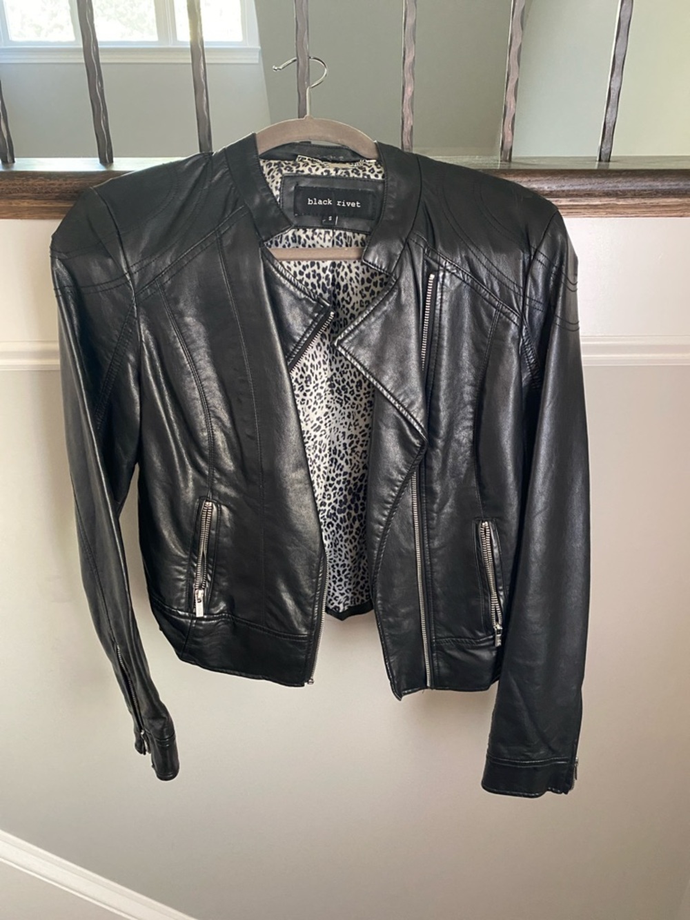 Black Rivet Black faux Leather Moto Jacket with Leopard Lining
